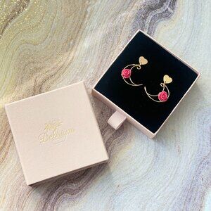 Handmade floral drop earrings- Gold moon earrings